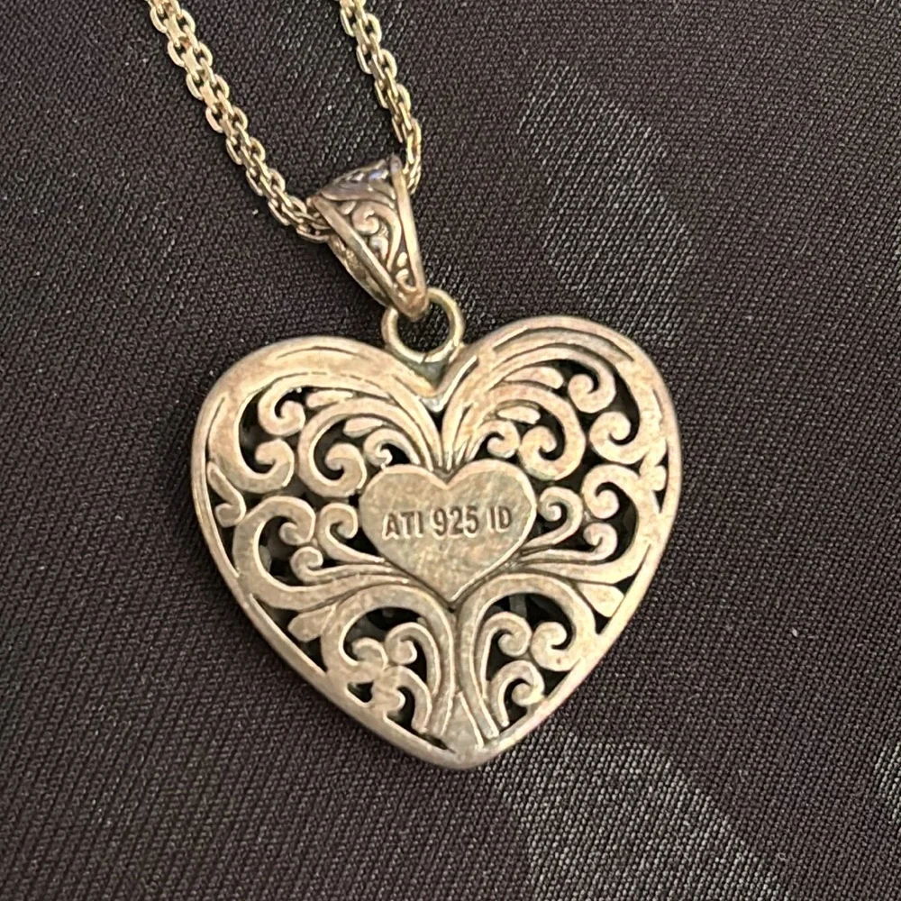 Vintage 925 Italy Sterling Silver Scroll Heart Pendant & Necklace, 21” - Picture 5 of 7